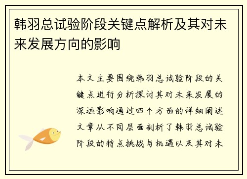 韩羽总试验阶段关键点解析及其对未来发展方向的影响 韩羽总试验阶段关键点解析及其对未来发展方向的影响